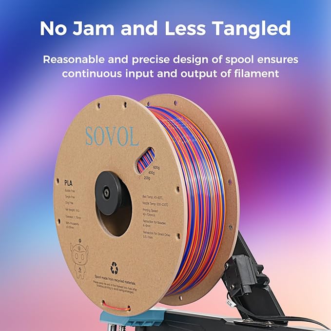 Sovol Silk PLA Filament Rotated Tri Color Co-Extrusion 1.75mm, Fast Change 3D Printer Filament 1kg/ 2.2lbs, Red Gold Blue 3 in 1 Coextrusion PLA Material +/-0.03mm - Image 5