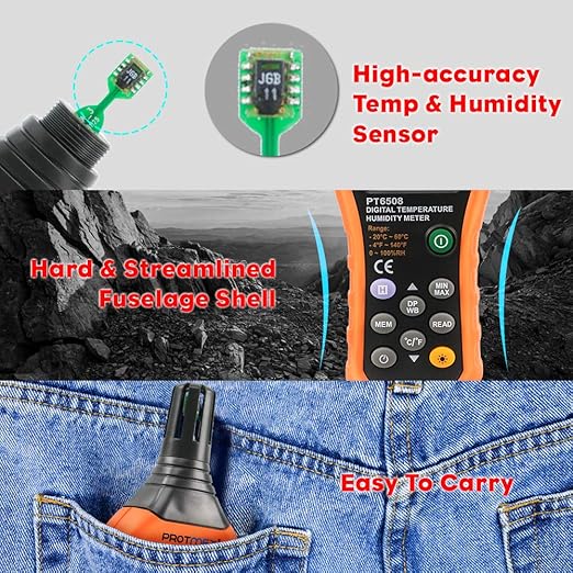 Protmex PT6508 Temperature Humidity Meter, Digital Thermometer Hygrometer Monitor with Ambient, Dew Point, Wet Bulb for Indoor/Outdoor MIN, MAX, Data Hold, LCD Backlight - Image 9