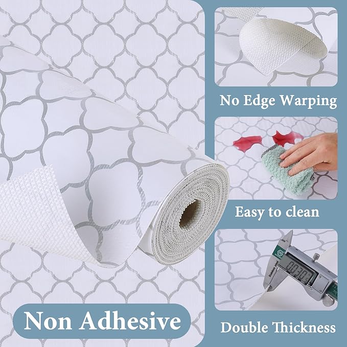 Shelf Drawer Liners for Kitchen Cabinets Non Adhesive Drawer Liner Thickened Refrigerator Liner Silver Quatrefoil Strong Non-Slip Paper for Tool Box with Knife and Tape Measure,23.6 x 236.2 Inches - Image 3