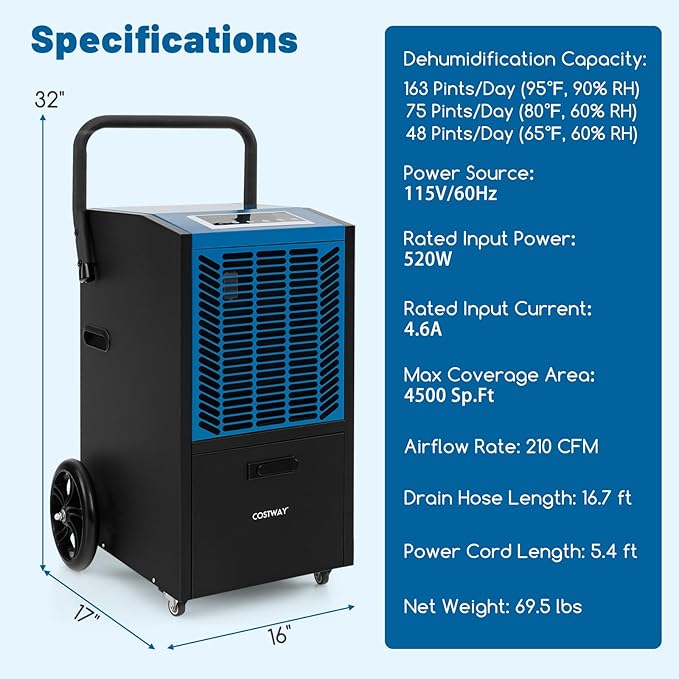 COSTWAY Commercial Dehumidifier, 4500 Sq.Ft Crawl Space Dehumidifier with Pump & Drain Hose, 24H Timer & 4 Wheels - Image 6