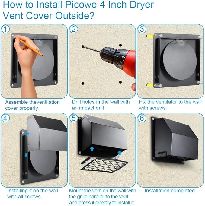 Picowe 4 Inch Dryer Vent Cover Outside, Metal Wall Vent Cover with Removable Lid & Noise-Reducing Sponge Gasket, for Dryer, Bathroom, Kitchen, Garage Exhaust - Image 7
