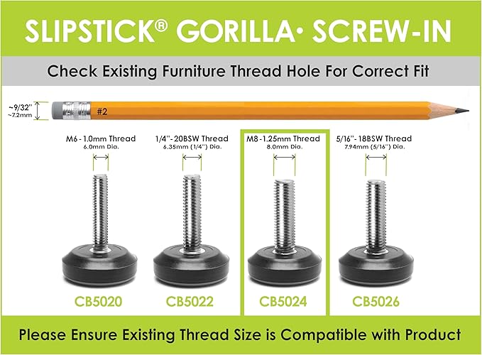 Slipstick Gorilla Outdoor Adjustable Furniture Levelers (8 Pack) Weatherproof Screw in Leg Glides for Chairs, Tables, and Outdoor Furniture Feet, 1-1/8 Inch Slider Glide, M8 Thread - Image 5