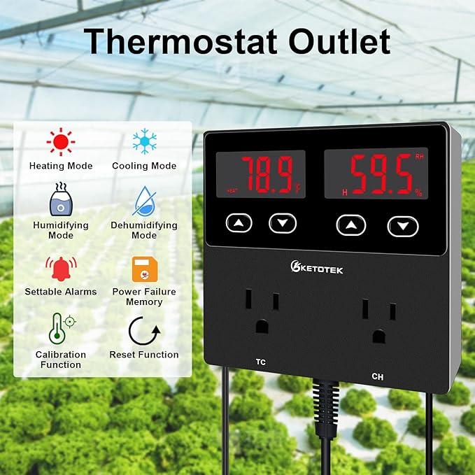 KETOTEK Digital Temperature and Humidity Controller Outlet, Reptile Thermostat Plug Dual Stage Pre-Wired for Mushroom Greenhouse Homebrew - Image 2