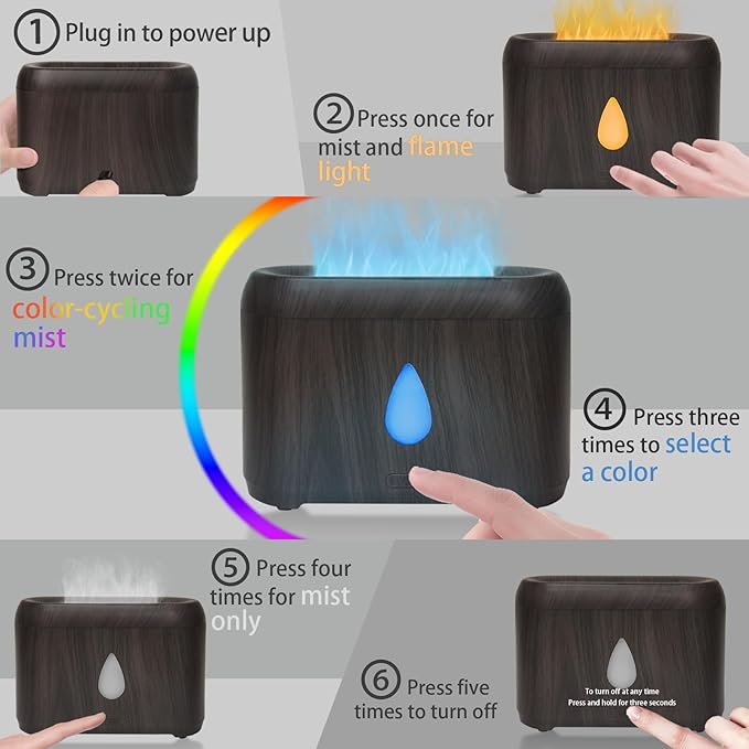 Flame Diffuser for Essential Oils, 200ml Ultrasonic Aroma Diffusers with Cool Mist, Aromatherapy Diffuser with Auto-Off Protection (Dark Wooden Grain(7 Colors), Peppermint+Lavender+Tea Tree+Lemon) - Image 3