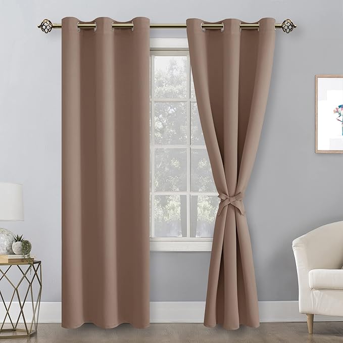 Hiasan Blackout Curtains for Bedroom, 42 x 84 Inches Long - Thermal Insulated & Light Blocking Window Curtains for Living Room, 2 Drape Panels Sewn with Tiebacks, Cappuccino - Image 2