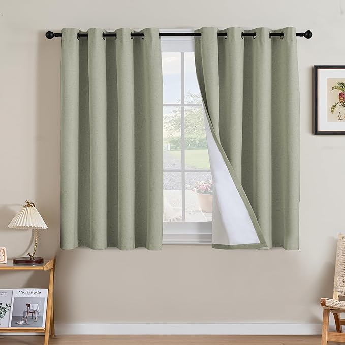 H.VERSAILTEX Linen Curtains 100% Blackout Curtains for Bedroom 45 inch Long Full Light Blocking Nature Linen Blended Window Curtains for Living Room Nickel Grommet (2 Panels, Heathered Tea) by HVERSAILTEX