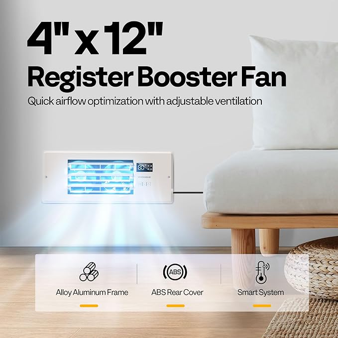 VIVOHOME 4'' x 12'' Opening Register Booster Fan with Adjustable Wind Direction Louver, Smart Intelligent Thermostat & 10-Speed Remote Control - 13.8" x 5.5" Vent Cover for Room, Floor, Wall - White - Image 8
