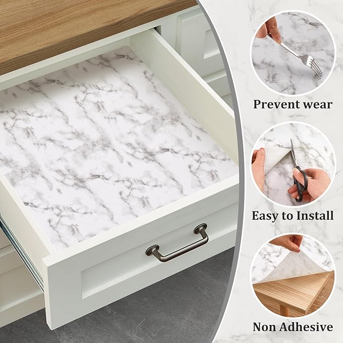 Viseeko Shelf and Drawer Liner for Kitchen Cabinet, 12 in x 10 ft Non-Adhesive Cabinet Liners for Shelves, Strong Grip Shelf Paper Non-Slip Waterproof Easy to Cut for Dresser Cupboard, Marble - Image 8