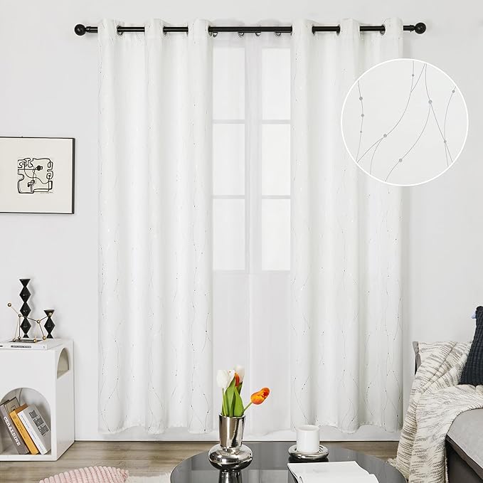 Deconovo White Curtains 84 Inches Long, Room Darkening Curtain, Thermal Insulated Soundproof Drapes, Wave Dots Silver Print, Grommet Top, Window Panels for Living Room Bedroom Nursery Office, Set of 2 - Image 2