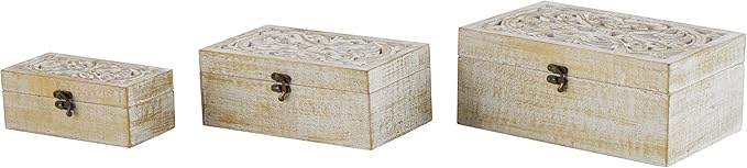 Deco 79 Mango Wood Floral Handmade Decorative Box Decorative Keepsake Boxes with Hinged Lid, Set of 3 Storage Boxes 8", 10", 12"W, White by Deco79