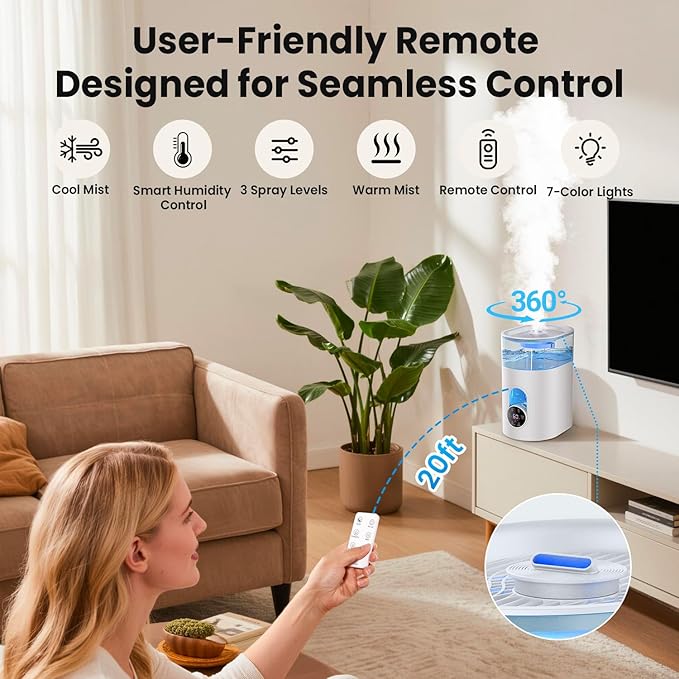 Humidifiers for Bedroom Large Room Home - GloryAir 6L Quiet Top Fill Cool & Warm Mist Humidifier with Smart Humidity Control, Remote Control, 7-Color Light, Humidistat, Oil Diffuser for Plants & Baby - Image 6