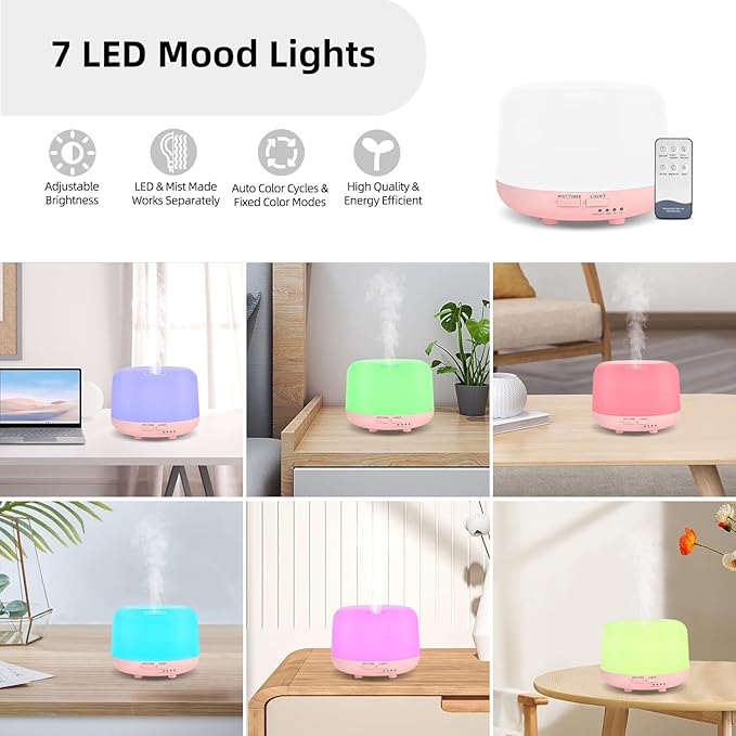 300ML Essential Oil Diffusesrs Remote Control, Aromatherapy Ultrasonic Diffuser, Cool Mist Aroma Humidfier Diffuser, 7 Color Changing LED Light, Auto-Off, Timer for Home, Room, Office, Kids.(Pink) - Image 7