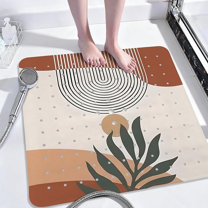 Leaves Square Anti Slip Shower Mats for Inside Shower Accessories, Boho Bath Mats for Bathroom Non Slip Shower Floor Mat Decor Rubber Bathmat with Suction and Drain Holes Machine Washable, 21″X21″ by Unknown