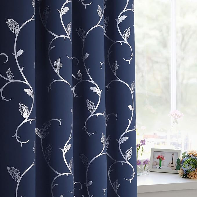 BUHUA Blackout Curtains 84 Inch Length 2 Panels Thermal Insulated Window Treatment for Bedroom Grommet Room Darkening Curtains with Wave Vine Printed (52 x 84 Inch, Navy Blue) - Image 3