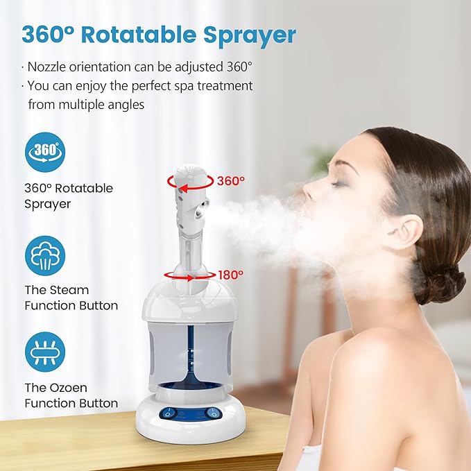 Nisperos Nano Ionic Facial Steamer - 360° Rotatable Sprayer - 40 Minutes Warm Mist - Humidifier - Professional Face Steamer for Facial Deep Cleaning (White) - Image 3