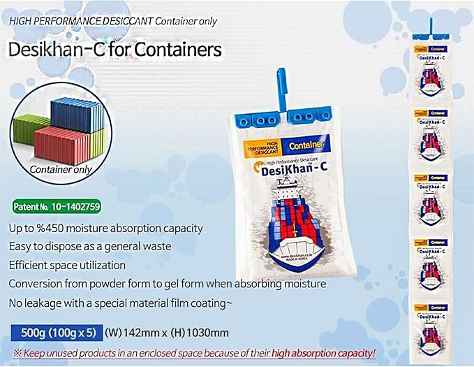 DesiKhan Dehumidifier Desiccant for Containers 1 Set (5 Pieces) 450% Moisture Absorption - Image 2