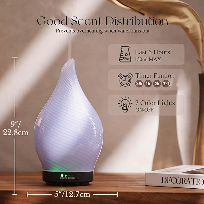 Porseme 150ml Essential Oil Diffuser Glass Color Changing Aroma Air Diffusers Aromatherapy Ultrasonic Cool Mist Humidifier 6 Running Hours Waterless Auto-Off for Sleeping Yoga Office Spa (Pure Purple) - Image 3