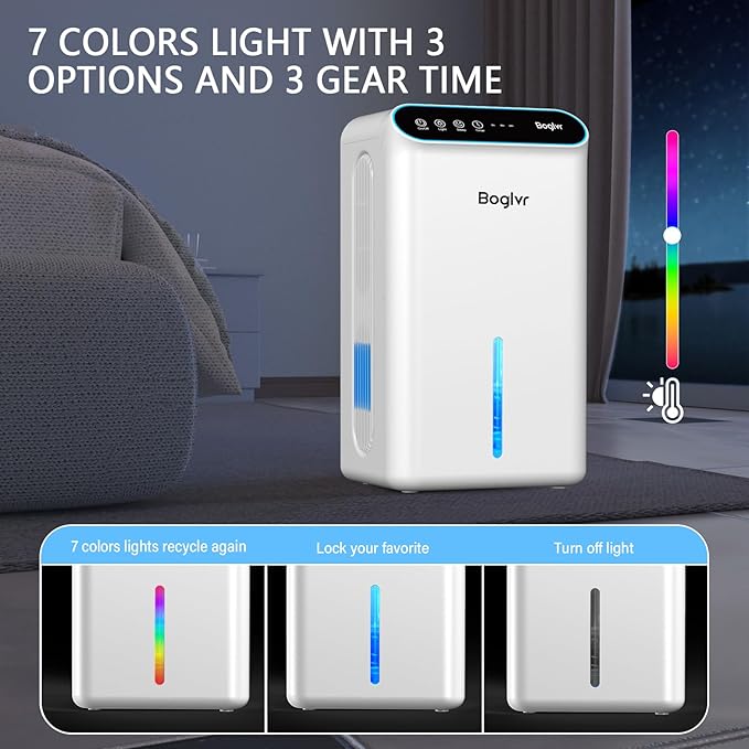 Dehumidifiers, Dehumidifier for Home (85 OZ, 800 sq.ft) Quiet Small Dehumidifier for Bedroom Bathroom Basement with Drain Hose, 3 Gear Timer, Sleep Mode, Auto Shut Off, 7 Color Ambient Light - Image 6