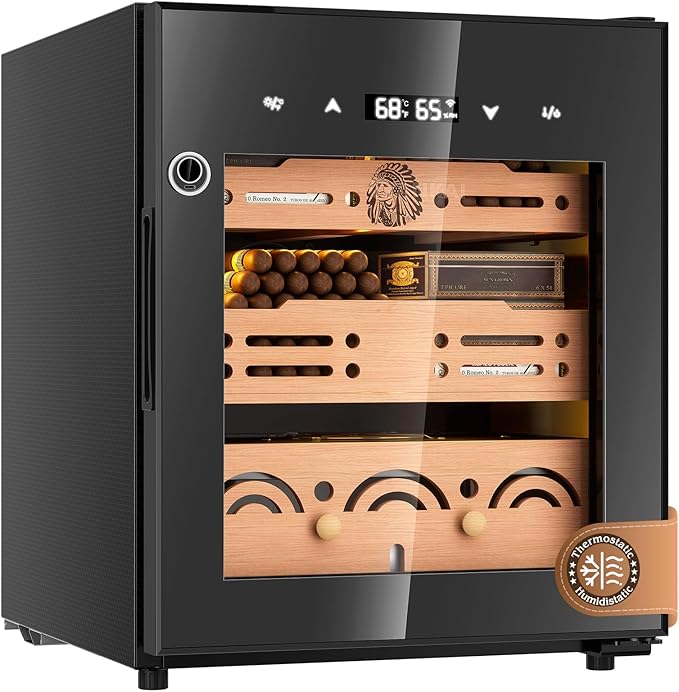 Electric Cigar Humidor Cabinet with Temperature & Humidity Control System, 50L Cooling Cigar Fridge up to 300 Counts, Cedar Wood Shelves,Digital LED Screen,Fingerprint Safety Lock,Gift for Men by FANKAI