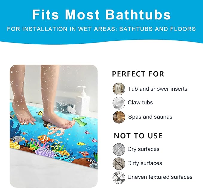 XIYUNTE Baby Bath Mat for Tub Non Slip Kids Bath Mat - 40''x16'' Extra Long Cartoon Bathtub Mat Non Slip Kids Shower Mat Eco-Friendly Toddler Bath Mats with Suction Cups, Machine Washable - Image 6