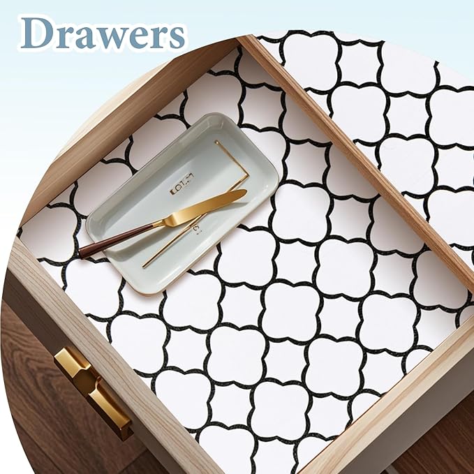 Shelf Drawer Liners for Kitchen Cabinets 11.8 x 236 Inches Non Adhesive Drawer Liner Thickened Refrigerator Liner Black Quatrefoil Strong Non-Slip Paper for Tool Box with Knife and Tape Measure - Image 8
