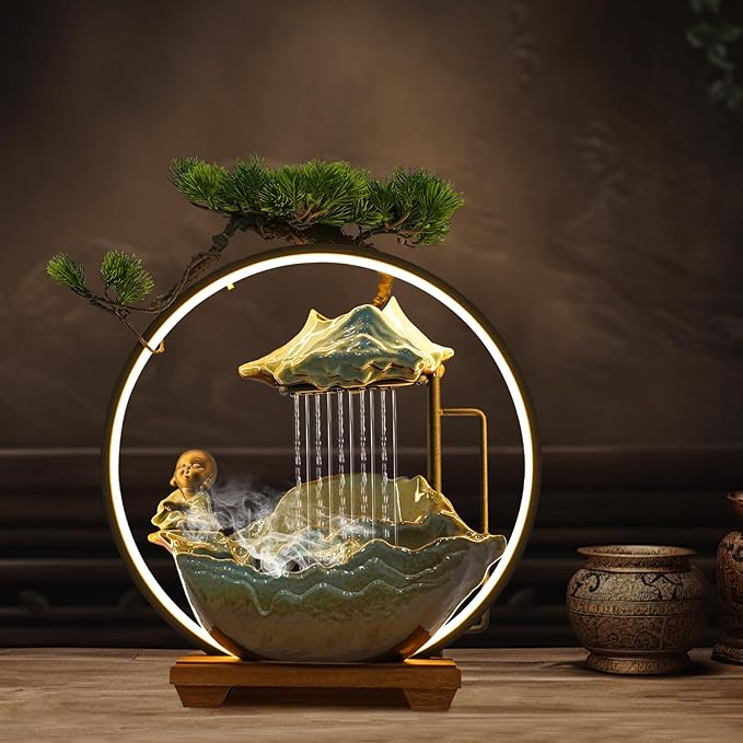 Water Fountains Indoor Tabletop Waterfall Humidifier W/LED Light & Atomizer Mist &Cute Monk Statue, Zen Decor Meditation Japanese Decor Fake Plants Feng Shui Decor Festival Birthday Gift by kunghei