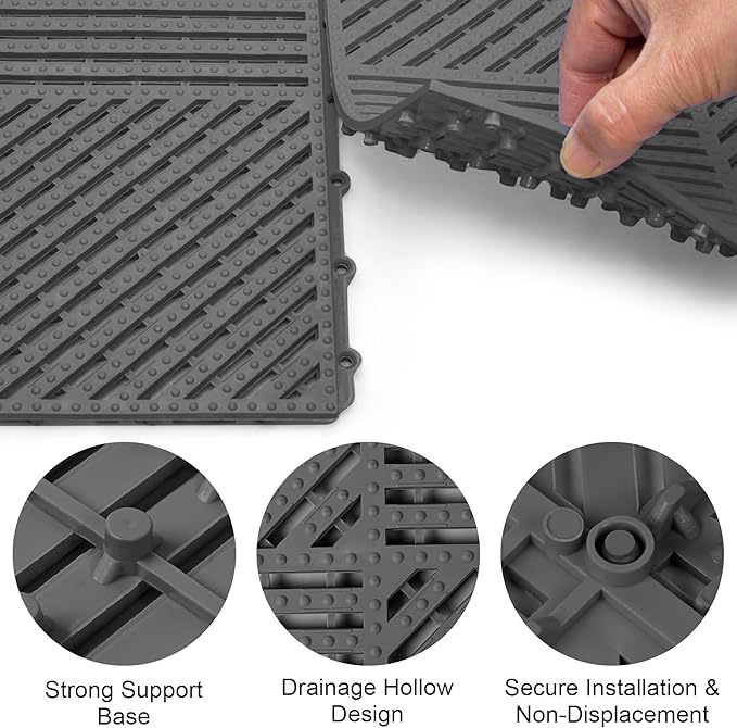 MYFAMIREA Modular Interlocking Cushion 12 Pack 11.8" x 11.8" Rubber Floor Tiles Non-Slip Splicing Drainage Mats for Deck, Pool, Shower, Patio, Balcony, Bathroom, Kitchen, Yard (1 Rows Dots, Dark Gray) - Image 4