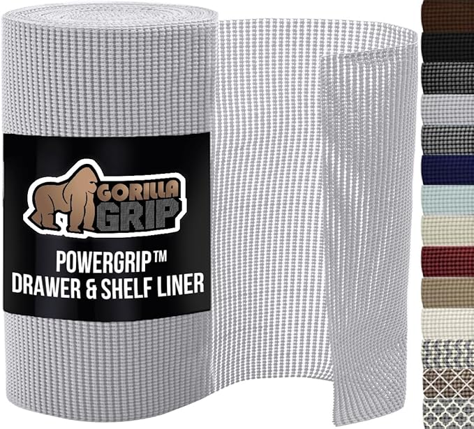 GORILLA GRIP powerGRIP Drawer Shelf and Cabinet Liner, Thick Strong Hold, Non-Adhesive Liners Protect Kitchen Cabinets and Cupboard, Bathroom Drawers, Easy Install, Breathable Mat, 12" x10' Light Gray by GorillaGrip