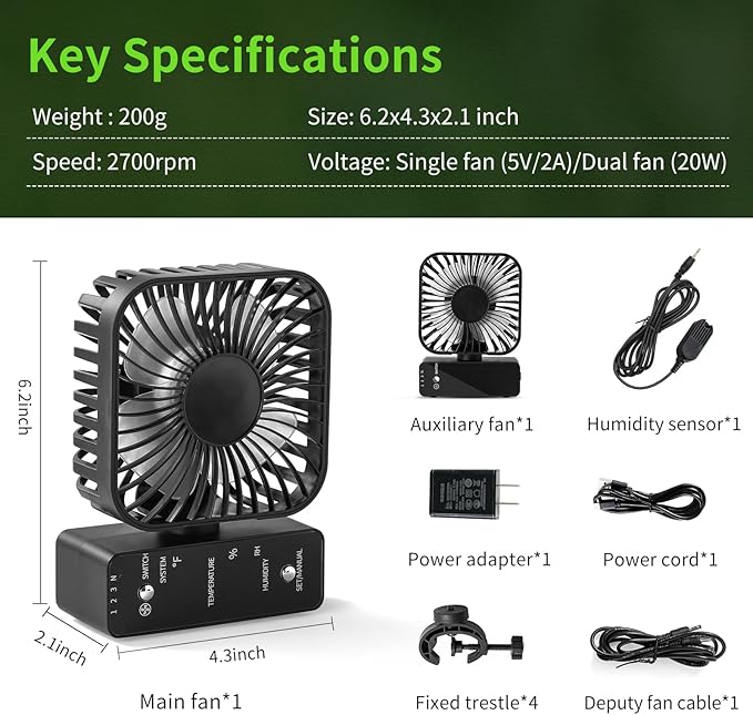 2-Pack 4” Grow Tent Fan With Temperature And Humidity Meter,Automatic Humidity Control,Oscillating Fan For Hydroponic Ventilation Circulation With Clips,Adjustable Speed Quiet Greenhouse - Image 8