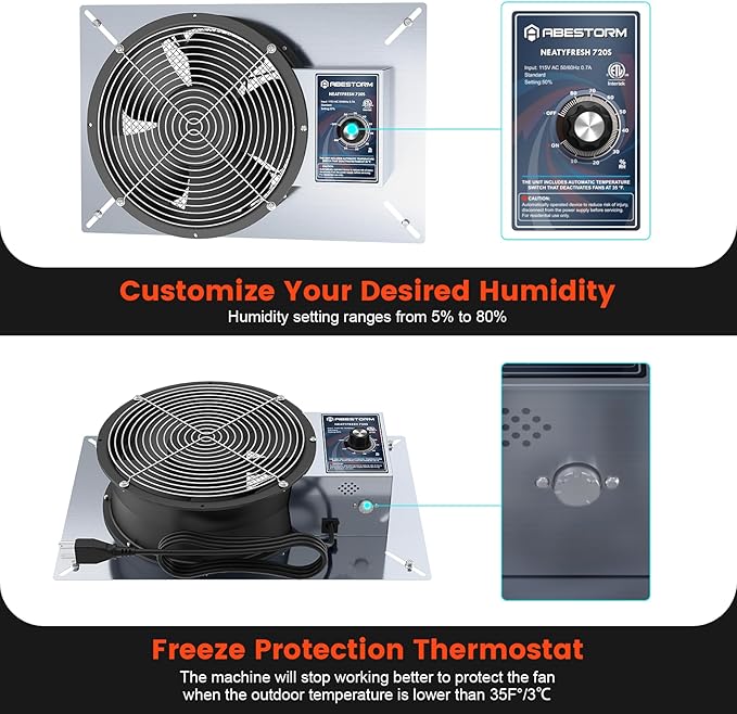 Abestorm 720CFM Crawlspace Ventilation Fans IP-55 Grade Basements Stainless Steel Vent Fan 10 inches Ventilator Fan with Freeze Protection Thermostat Dehumidistat for Crawlspace Attic Garage Exhaust - Image 5