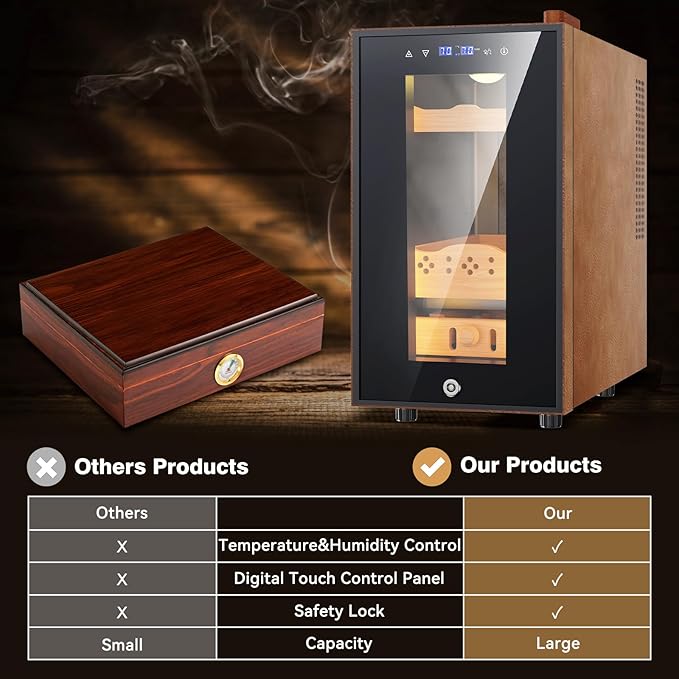 Electric Cooler Cabinet 25L with Temperature and Humidity Control, Leather Finish, Spanish Cedar Wood Shelves and Safety Lock (200 Counts Capacity), Gift for Men - Image 6