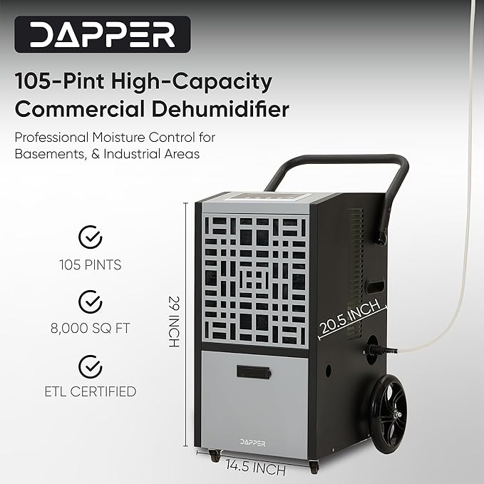 105-Pint Commercial Dehumidifier for Basements & Industrial Spaces – Built-In Pump, Drain Hose, Continuous Operation, 2-Speed Fan, 8000 Sq Ft Coverage, ETL Certified - Image 7