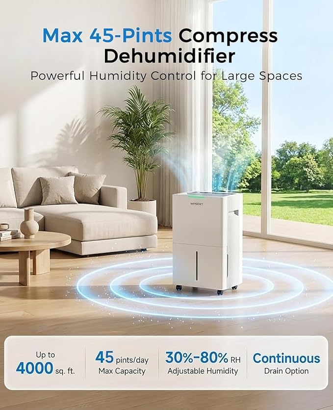 4000 sq.ft Dehumidifier for Basement with Drain Hose, 45 Pint Dehumidifiers for Home, Smart Compressor Dehumidifies for Large Room, Bedroom, 3 Modes, Intelligent Humidity Control, Auto Defrost - Image 2