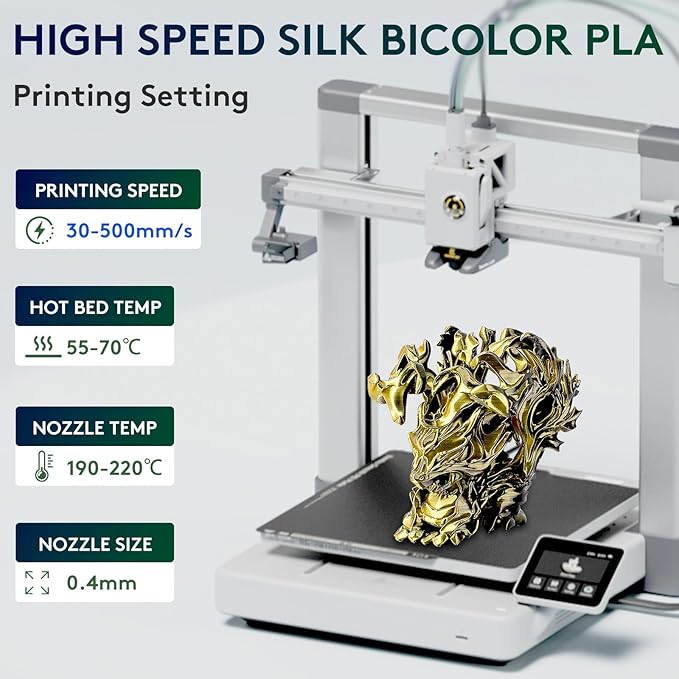 ERYONE Silk Dual Color PLA Filament 3D Printer 1.75mm +/- 0.03mm, Bicolor Filament Two Tone PLA Bundle 2KG Cardboard Spool, Black Gold - Image 2