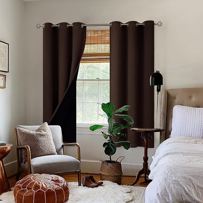 BGment Thermal Insulated 100% Blackout Curtains for Bedroom with Black Liner, Double Layer Full Room Darkening Noise Reducing Grommet Curtain (42 x 63 Inch, Brown, 2 Panels) - Image 2