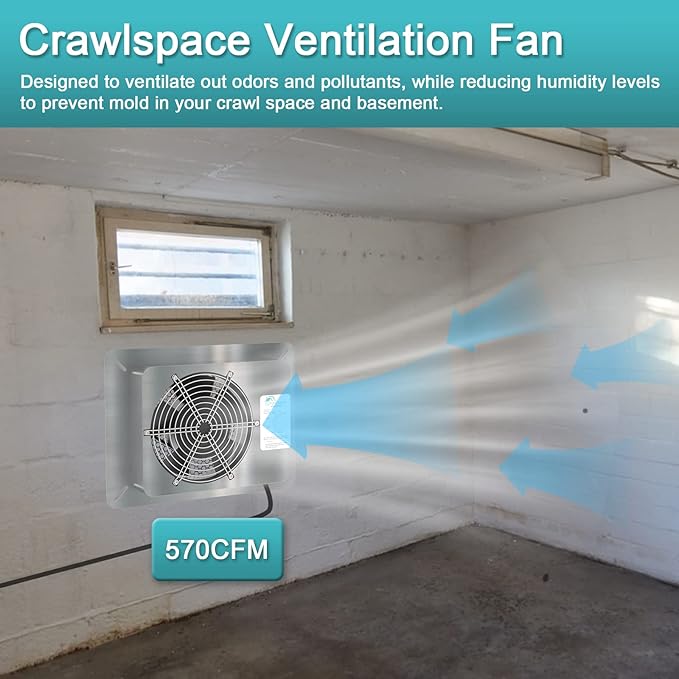 Stainless Steel Crawl Space Vent Fan - 570 CFM Air Out Ventilation Fan with Humidistat Dehumidistat, IP55 Exhaust Fan with Metal Fan Cage for Crawlspace Foundation Basements Garage Attic - Image 4