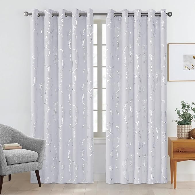 BUHUA Silver Grey Blackout Curtain 2 Panel Set Vine Foil Print Thermal Insulated Drapes Room Darkening Curtains Grommet Window Treatment, 66 x 72 Inch, Greyish White - Image 2