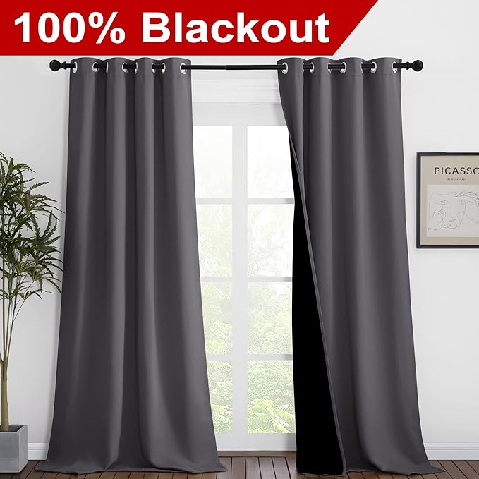 NICETOWN Grey Full Shade Curtain Panels, Pair of Thermal Insulated & Energy Efficiency Blackout Curtains for Living Room Windows, Lined Silky Performance Window Dressing (46" Wide x 90" Long, Gray) - Image 2