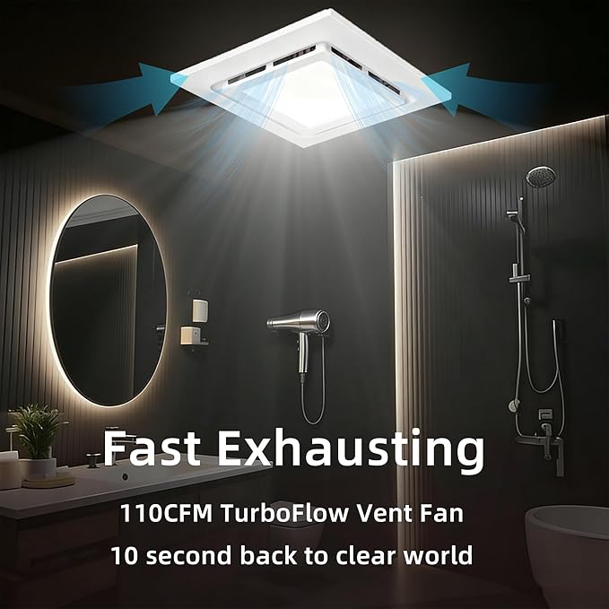 9.4" Quiet Bathroom Exhaust Fan with Led Lights, 110 CFM Whisper 1.0 sone, Ceiling 8"x8" Opening Square Panel Vent, Extractor for Ventilation, Garage, Basement, - Image 3