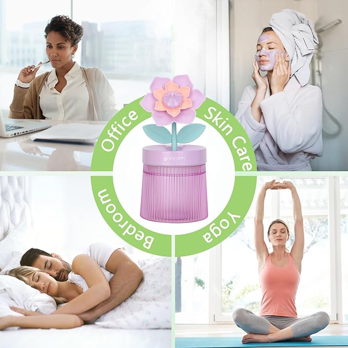 Cute Flower Mini Humidifier, 260ml Gardenia Desktop Humidifiers for Bedroom, Portable Small Cool Mist Humidification for Home, Baby Nursery, Office & Indoor Plants, USB Powered (Purple) - Image 7