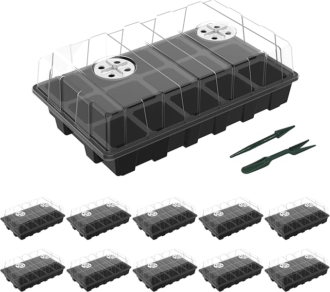 Gardzen 10-Pack Seed Starter Kits, Reusable Plant Germination Trays with Total 150-Cell, Seed Starter Tray with Humidity Vented Domes and Bases for Starting Vegetable Flower Herb Seeds 15" x 9" by Gardzen