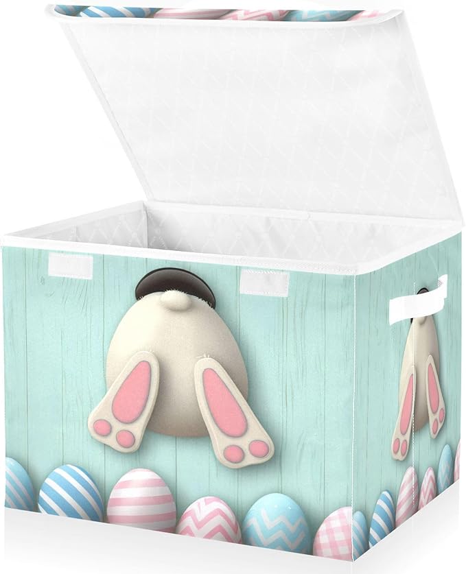 xigua Easter Bunny Storage Bins with Lids and Carrying Handle,Foldable Storage Boxes Organizer Containers Baskets Cube with Cover for Home Bedroom Closet Office - Image 2