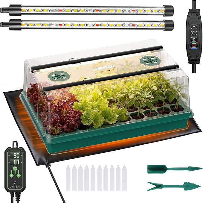 Seed Starter Tray with Grow Light and Thermostat Controller Heat Mat, 10"x 20.75" Heat Mats for Plant Growing，68-113°F Adjustable，Color Change Grow Lights，Germination Trays Kits (Green, 60 Cells) by Adawook