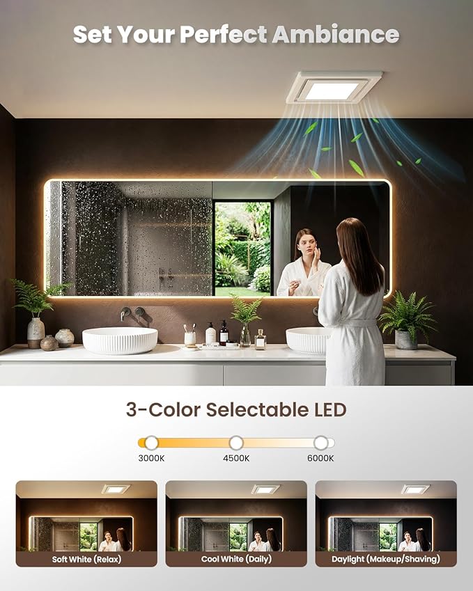 Bathroom Exhaust Fan with Light, 110 CFM 1.0 Sone Quiet Ceiling Mount Exhaust Fan, High CRI 97 3CCT LED Bathroom Ventilation Fan, LED Exhaust Vent Fan for Shower Bathroom Office Home, 4" Duct Included - Image 3