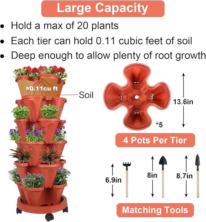 GameXcel Vertical Planter 6 Tier Stackable Planters Garden Planters Strawberry Herb Flower and Vegetable Planter Indoor Outdoor Gardening Pots with Removable Wheels and Tools - Image 5