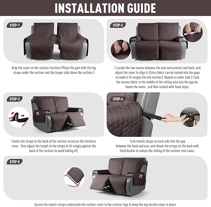 TAOCOCO 100% Waterproof Recliner Cover, Non-Slip Washable Reclining Couch Cover with Elastic Leg Straps, Furniture Protector for Dogs (Chocolate, 2 Seater) - Image 7