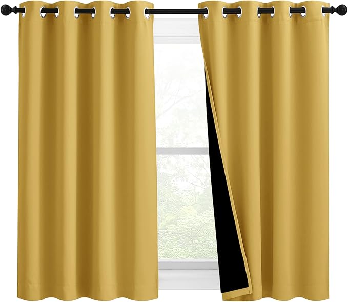 NICETOWN 100% Blackout Curtains with Black Liners, Solid Thermal Insulated Full Blackout 2-Layer Lined Drapes, Energy Efficiency Window Draperies for Bedroom (2 Panels, 46" W by 54" L, Bright Yellow) by NICETOWN