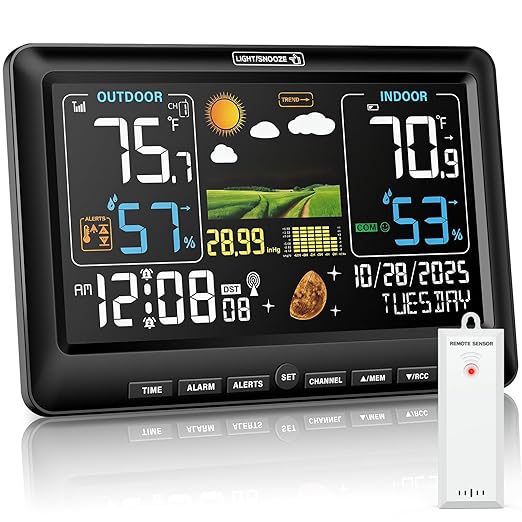 BluSon Weather Station Wireless Indoor Outdoor Thermometer, Color Display Digital Temperature Humidity Monitor with Atomic Clock, Weather Forecast, Adjustable Backlight, Home Weather Statio, Black by Unknown
