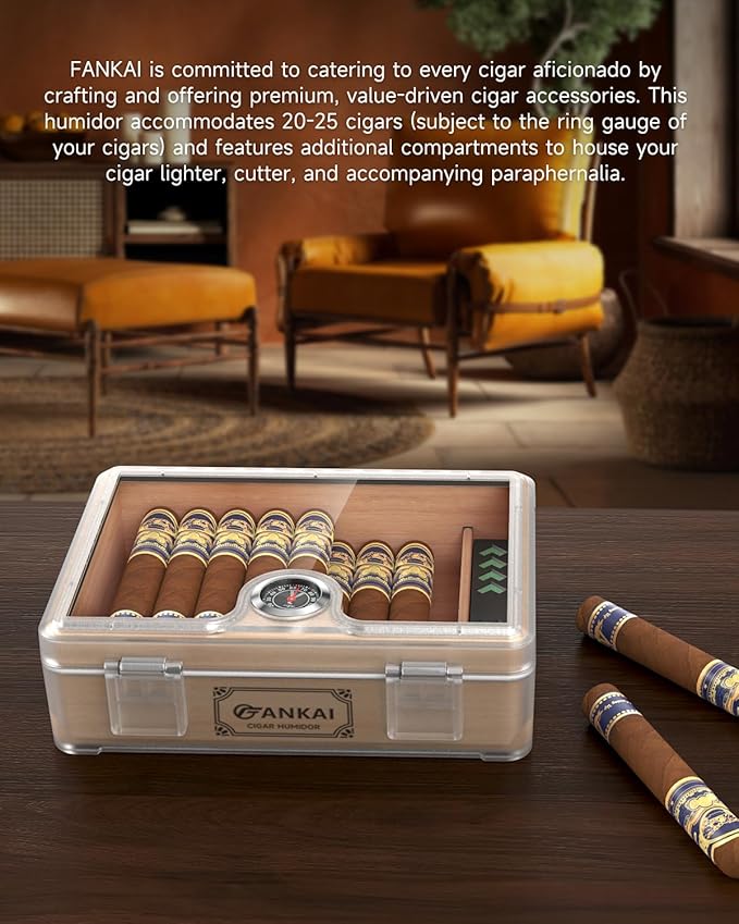 Humidor Cigar Box, with Straight Cutter Guillotine, V cut, Puncher & Holder Tool, Glass top Cigars Case, Cedar Wood Lining, Humidifier Hygrometer Accessories, Cigar Gift Set - Image 7