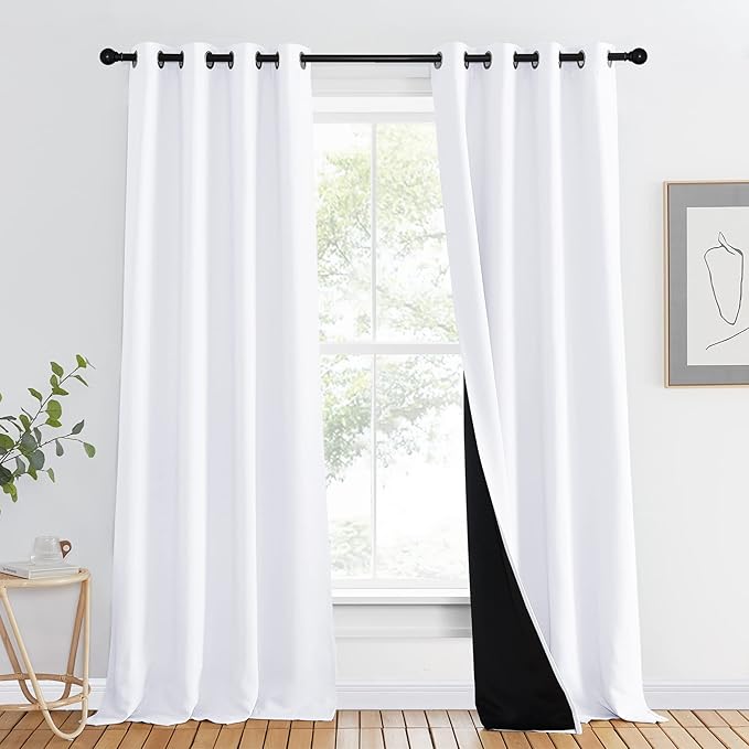 NICETOWN 100% Blackout Window Curtain Panel, Cold and Full Light Blocking Drape with Black Liner for Nursery, 90 inches Drop Thermal Insulated Draperies (White, 1 Piece, 46 inches Wide Each Panel) by NICETOWN